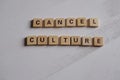 Cancel culture society concept. Cancel culture text made of letter blocks on white background. Hand holding one letter.Cancel cult Royalty Free Stock Photo