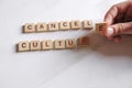 Cancel culture society concept. Cancel culture text made of letter blocks on white background. Hand holding one letter. Royalty Free Stock Photo