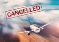 Canceled flights in Europe and USA airports. Airplane with text Royalty Free Stock Photo