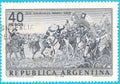 Canceled postage stamp depicting Battle of Maipu near Santiago, Chile on April 5, 1818 between South American rebels and Spanish r