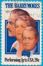 Canceled postage stamp depicting members of a well-known family of American -Barrymore, film, theatrical and television actors