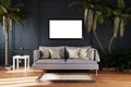 Canceled vacation and stay at home concept; elegant living room interior with single vintage sofa between palm trees; canvas;