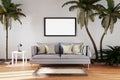 Canceled vacation and stay at home concept; elegant living room interior with single vintage sofa between palm trees; canvas;