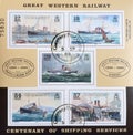 Cancelled postage block of stamps printed by Guernsey, that shows Ships