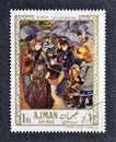 Cancelled postage stamp printed by Ajman, that shows Painting The Umbrellas by Pierre-Auguste Renoir