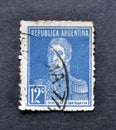 Cancelled postage stamp printed by Argentina, that shows portrait of Jose de San Martin Royalty Free Stock Photo