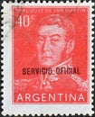 Cancelled postage stamp printed by Argentina, that shows portrait of Jose de San Martin Royalty Free Stock Photo