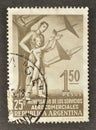 Cancelled postage stamp printed by Argentina, that shows 25th Anniversary of Commercial Aviation