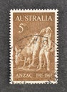 Cancelled postage stamp printed by Australia, that shows Simpson and Donkey