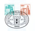 Cancelled postage stamp printed by Berlin, Germany, that show Eltz castle and Pfaueninsel Castle, Berlin Royalty Free Stock Photo