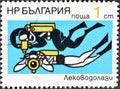 Cancelled postage stamp printed by Bulgaria, that shows Divers, Undersea research in the Black Sea
