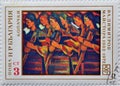 Cancelled postage stamp printed by Bulgaria, that shows Painting Female agricultural Workers with Picks by Wladimir Dimitrov Royalty Free Stock Photo