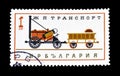 Cancelled postage stamp printed by Bulgaria, that shows Railway transportation