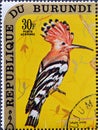 Cancelled postage stamp printed by Burundi, that shows Eurasian Hoopoe