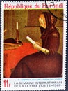 Cancelled postage stamp printed by Burundi, that shows Painting Woman Reading a Letter by Gerard Terborch