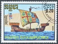 Cancelled postage stamp printed by Cambodia, that shows English Kogge of Richard II\'s Reign