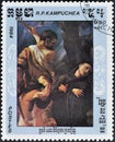 Cancelled postage stamp printed by Cambodia, that shows painting Martyrdom of Four Saints