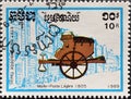 Cancelled postage stamp printed by Cambodia, that shows Post coach 1805