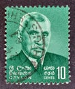 Cancelled postage stamp printed by Ceylon, that shows Dudley Shelton Senanayake