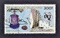 Cancelled postage stamp printed by Chad, that shows Ancient phone and Antenna, UIT Royalty Free Stock Photo