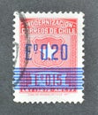 Cancelled postage stamp printed by Chile, that shows Coat of arms, Postal overprint 20c on 15c red Royalty Free Stock Photo