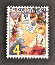 Cancelled postage stamp printed by Czechoslovakia, that shows Boy and Animals