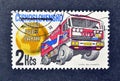 Cancelled postage stamp printed by Czechoslovakia, that shows Globe and Tatra Truck, Paris-Dakar Rally