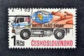 Cancelled postage stamp printed by Czechoslovakia, that shows Globe and View of Desert on Truck Side, Paris-Dakar Rally
