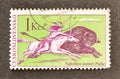 Cancelled postage stamp printed by Czechoslovakia, that shows Indian on horseback hunting buffalo