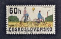 Cancelled postage stamp printed by Czechoslovakia, that shows Penny Farthing and Tricycle Royalty Free Stock Photo