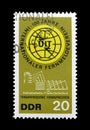 Cancelled postage stamp printed by East Germany, that celebrates Centenary of International Telecommunication Union