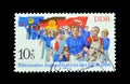 Cancelled postage stamp printed by East Germany, that promotes National Youth Festival Of East Germany