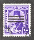 Cancelled postage stamp printed by Egypt, that shows king Farouk, overprinted