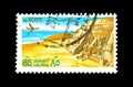 Cancelled postage stamp printed by Egypt, that shows Plane over Temples at Abu Simbel