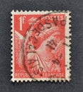 Cancelled postage stamp printed by France, that shows Iris, the Goddess of the Rainbow Royalty Free Stock Photo
