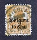 Cancelled postage stamp printed by German occupation, Belgium, that shows Germania, overprinted