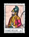 Cancelled postage stamp printed by Greece, that shows Gregorios Dikeos Papaflessas