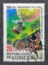 Cancelled postage stamp printed by Guinea, that shows Five Weeks in a Balloon