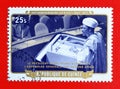 Cancelled postage stamp printed by Guinea, that shows President Sekou Toure in UN celebrating 30th Anniversary of Democratic Party