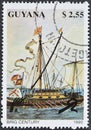 Cancelled postage stamp printed by Guyana, that shows Brig Century ship Royalty Free Stock Photo