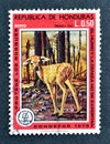 Cancelled postage stamp printed by Honduras, that shows Deer calf in the burnt forest