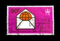 Cancelled postage stamp printed by Hong Kong, that shows Letter and promotes Universal Postal Union