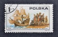 Cancelled postage stamp printed by Hungary, that shows First Polish people arriving in America 1608