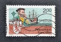 Cancelled postage stamp printed by Hungary, that shows Jacques Cartier first trip to Canada