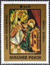 Cancelled postage stamp printed by Hungary, that shows Painting Annunciation