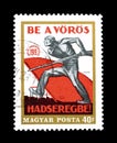 Cancelled postage stamp printed by Hungary, that shows propaganda poster Militia recruiter