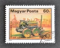 Cancelled postage stamp printed by Hungary, that shows Siemens` First Electric Locomotive