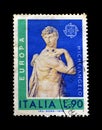 Cancelled postage stamp printed by Italy, that shows `David` by Michelangelo