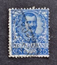 Cancelled postage stamp printed by Italy, that shows portrait of king Victor Emanuel