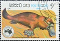 Cancelled postage stamp printed by Laos, that shows Platypus Ornithorhynchus anatinus